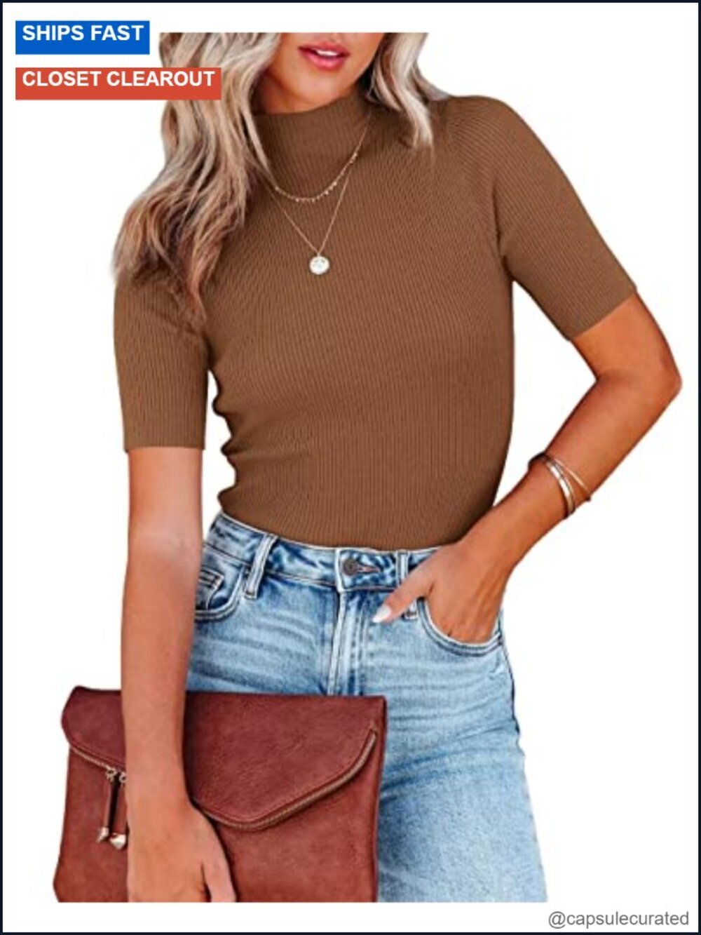 Slim Fit Mock Neck Short Sleeve Ribbed Knit Pullover Sweater Top